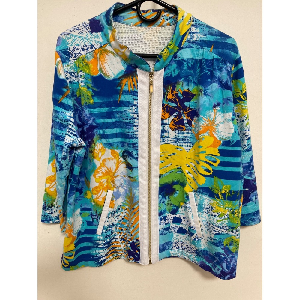 Tropical Floral Zip Up Jacket Blue Yellow Mock Neck 3/4 Sleeve Lightweight